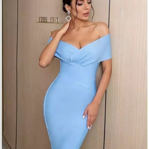 Blue Off Shoulder Bodycon Bandage Dress for event M - Picture 6 of 7